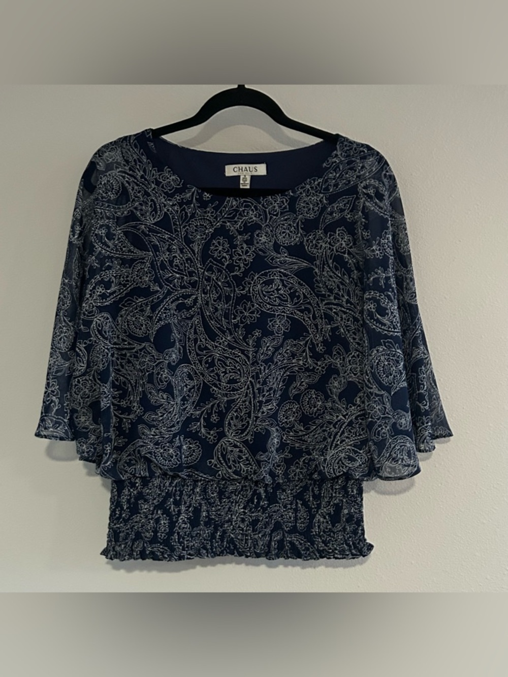 Chaus Navy Paisley Layered Blouson Top